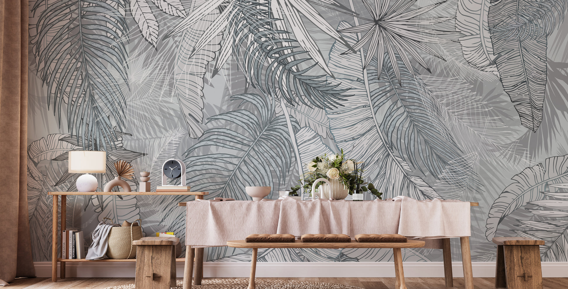 Grey & White Charcoal Leafy Illustrated Wallpaper Murals - Giffywalls