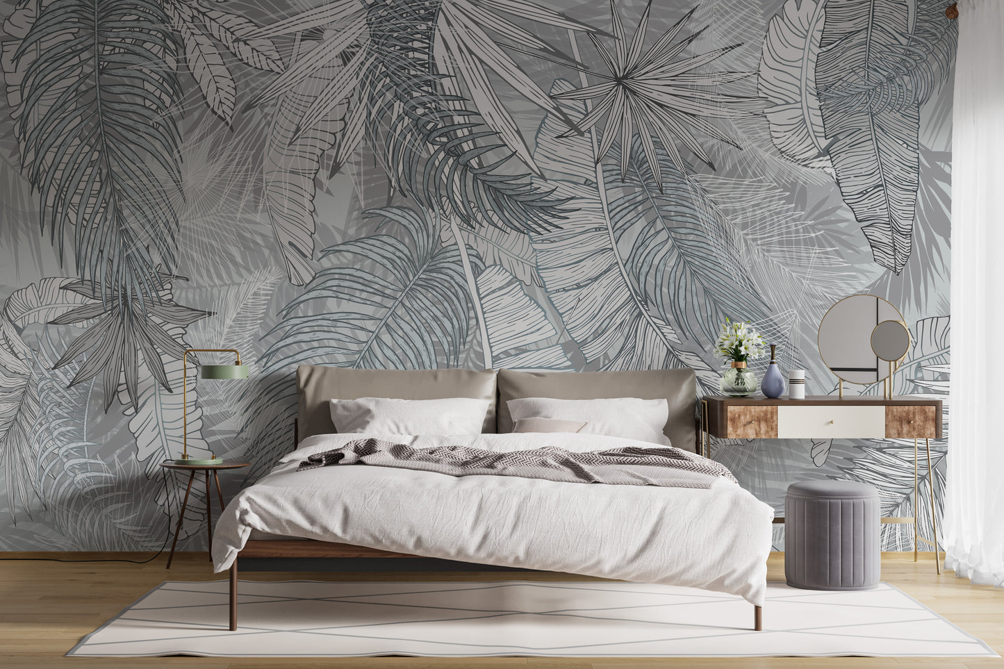 Grey & White Charcoal Leafy Illustrated Wallpaper Murals - Giffywalls