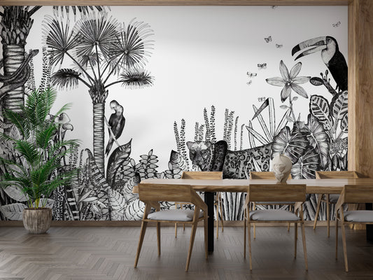 Charcoal Pencil Art Tropical wallpaper mural shown as a full feature wall that highlights the design