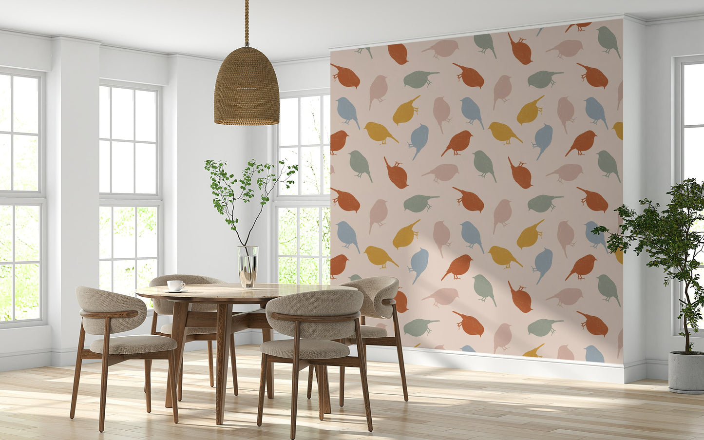 Charming bird motif wallpaper perfect for nurseries and cozy interiors.