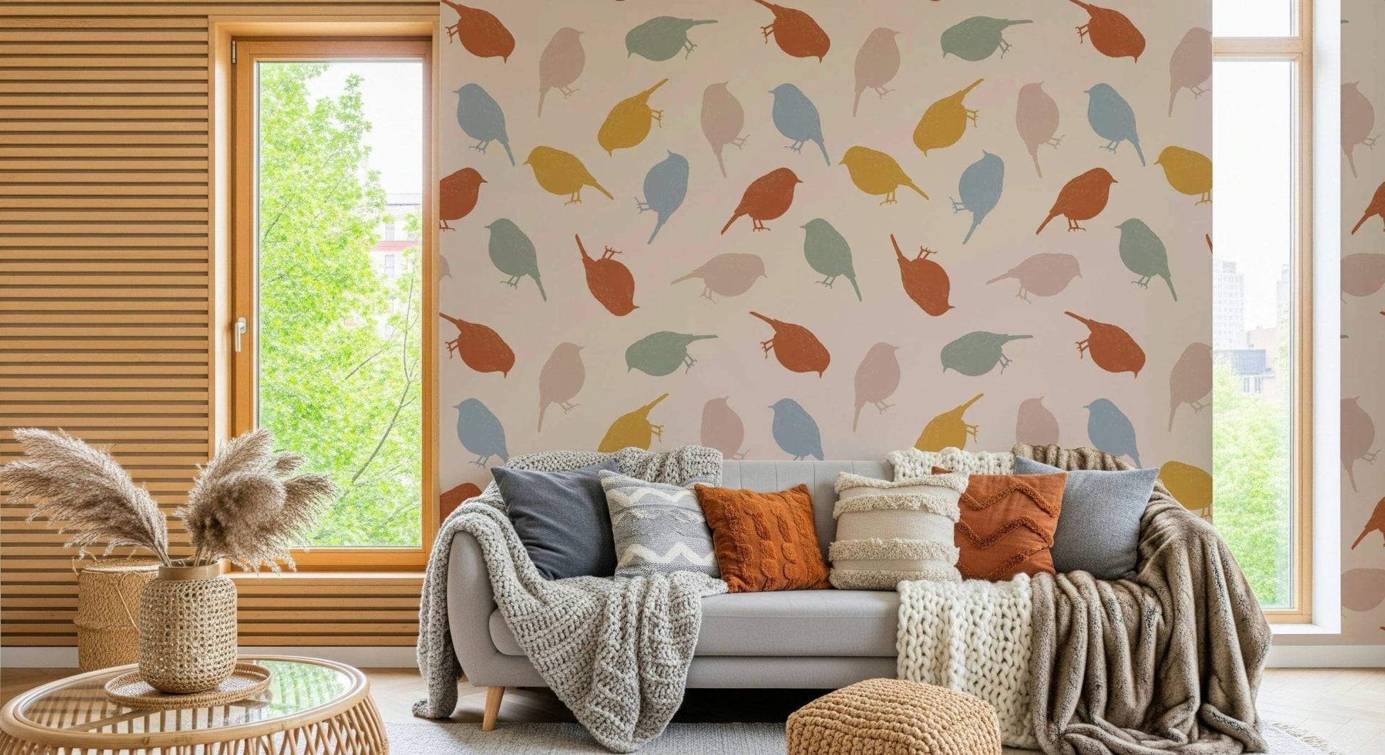 Elegant wallpaper featuring small, charming birds in a serene composition.