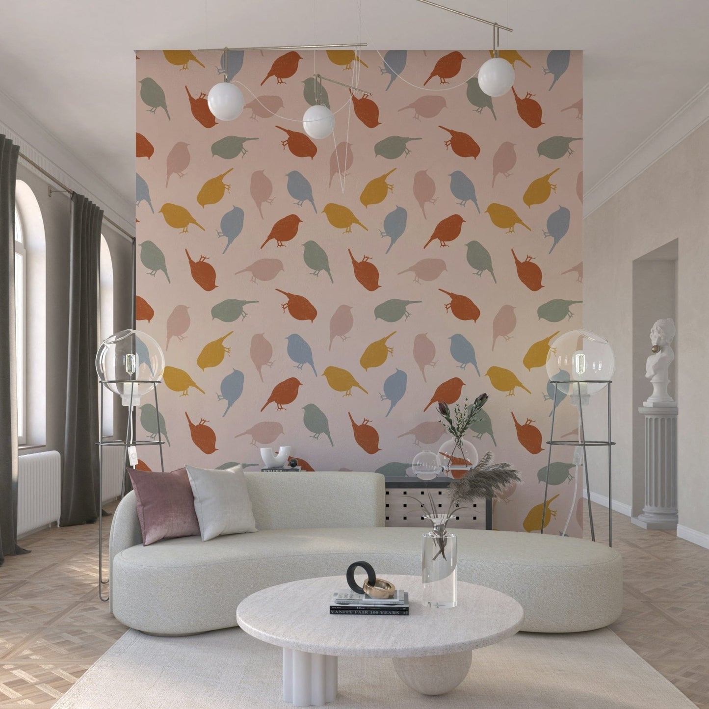 Charming illustrated birds wallpaper adding a sweet, nature-inspired touch.