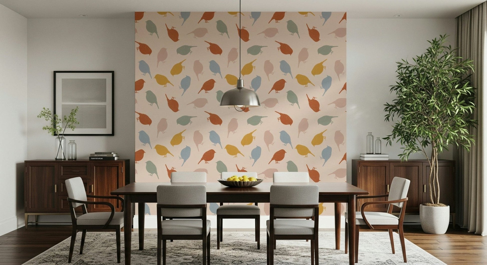 Artistic bird illustration wall mural with soft, calming tones.