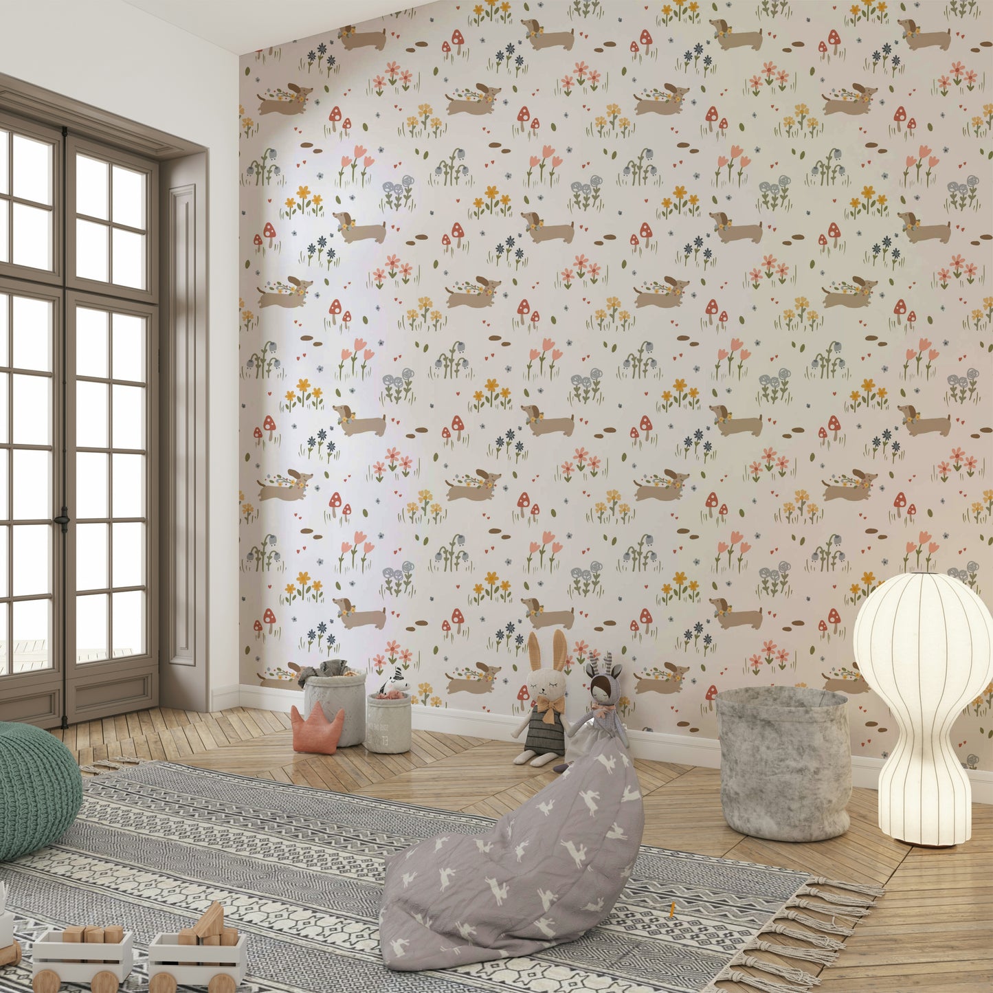 Dog with blossoms kids wall wallpaper

