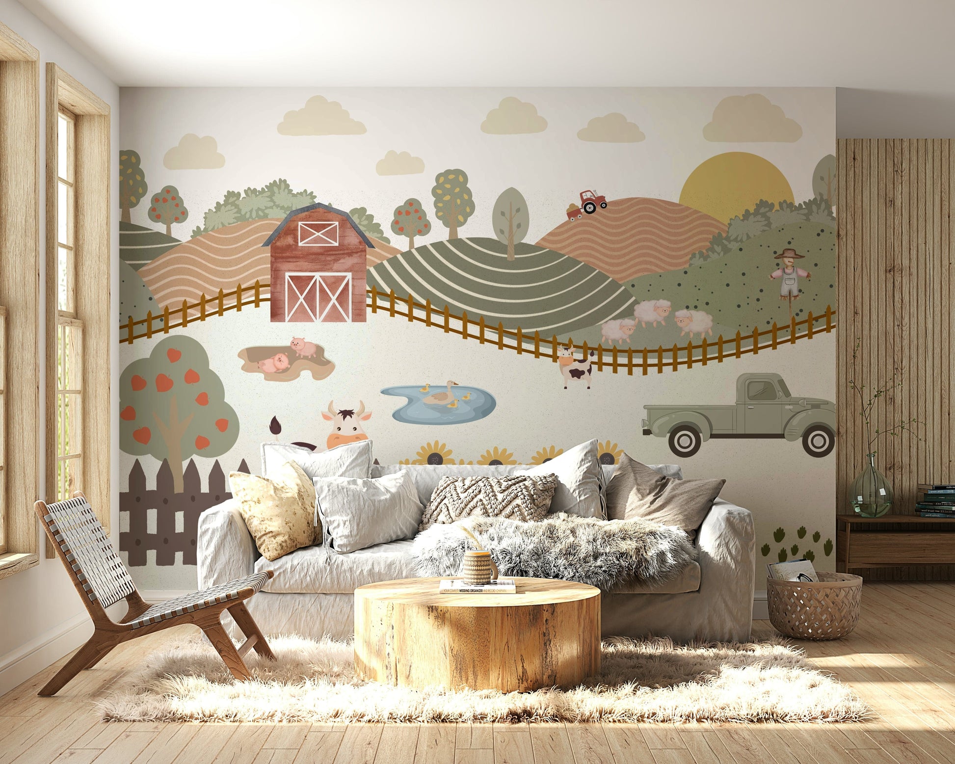 A peaceful wall mural with a whimsical farm scene.

