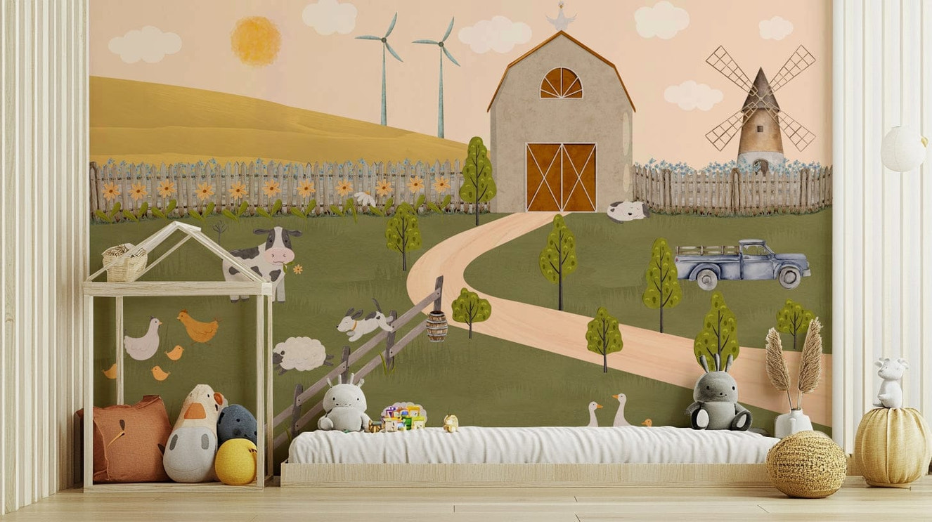 A peaceful wall mural with a whimsical farm scene.


