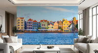Bright facades define for office area Charming Harborfront Buildings Wall Mural print.
