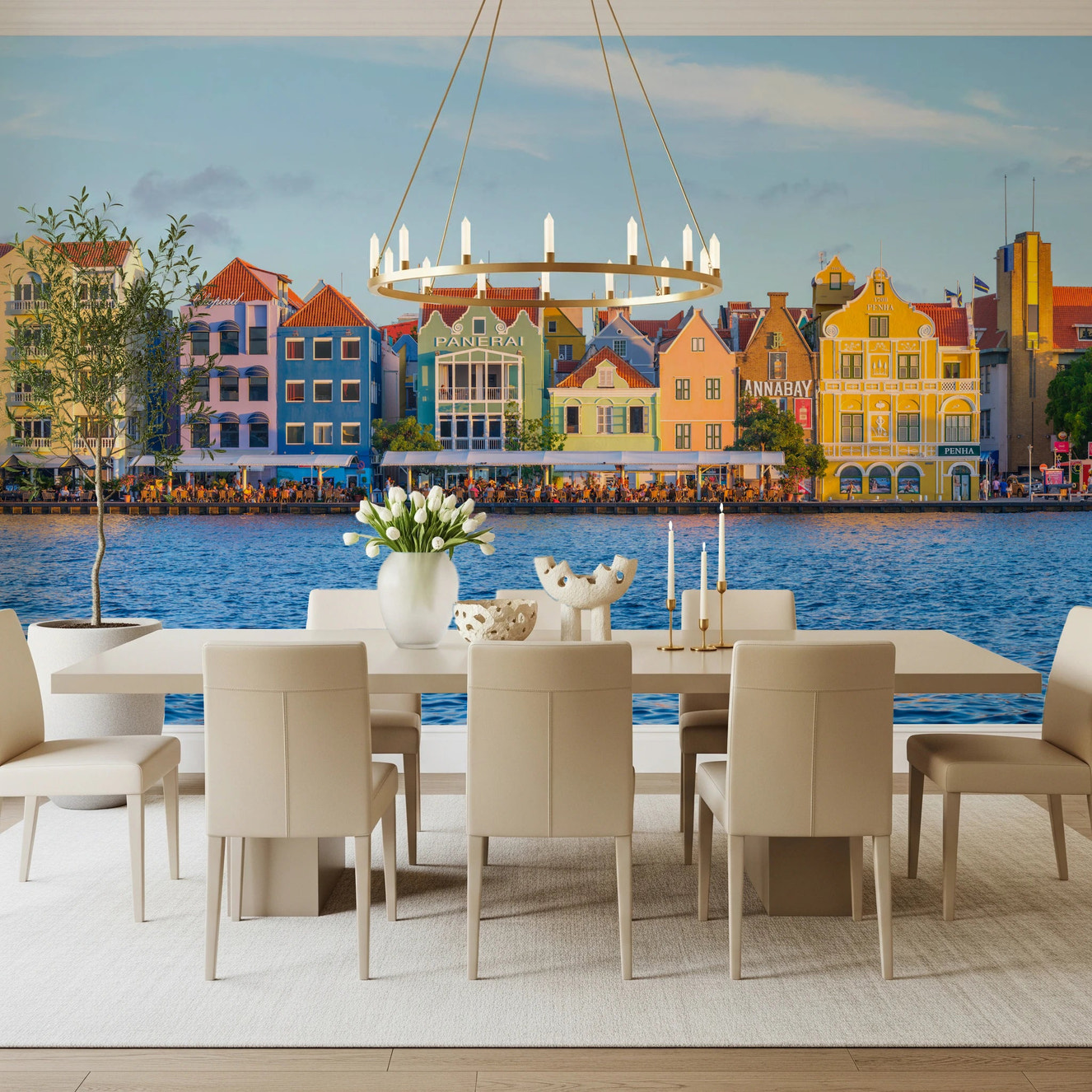 Charming Harborfront Buildings for dining room Wall Mural features vibrant coastal architecture.