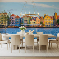 Charming Harborfront Buildings for dining room Wall Mural features vibrant coastal architecture.