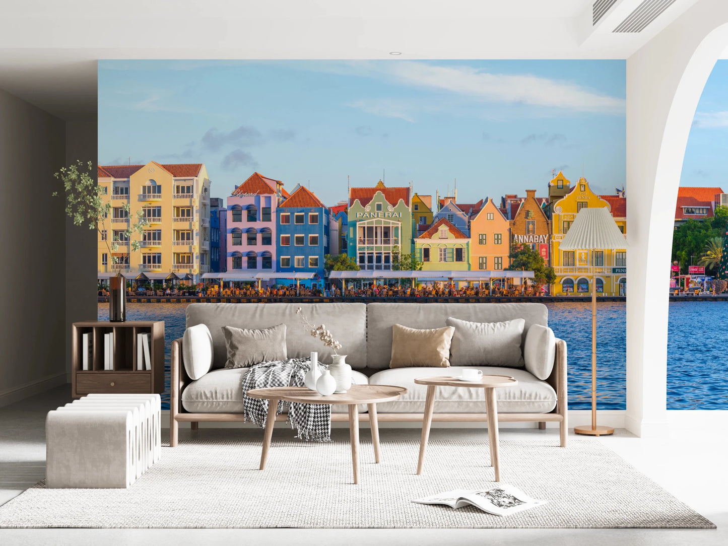 Detailed Charming Harborfront Buildings Wall Mural with clear blue sky.