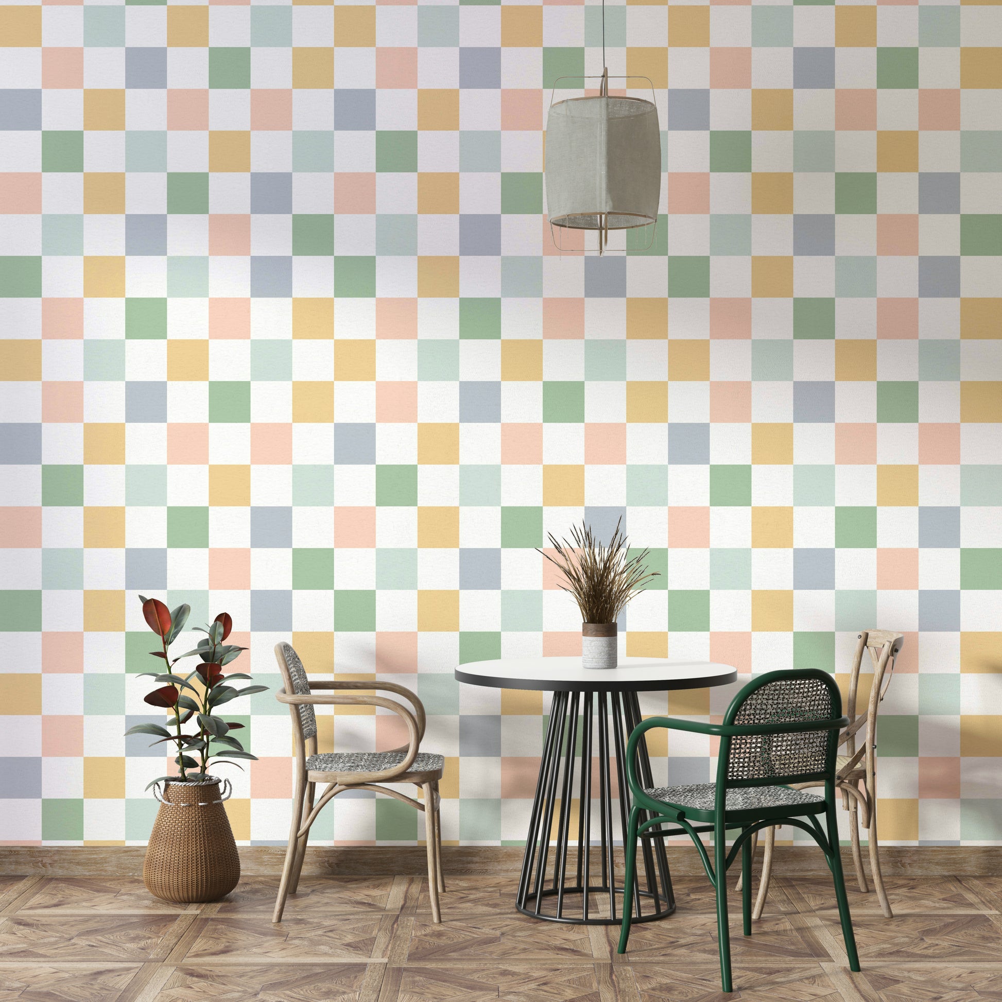 Wallpaper with retro square shapes in rich browns and ochre hues.

