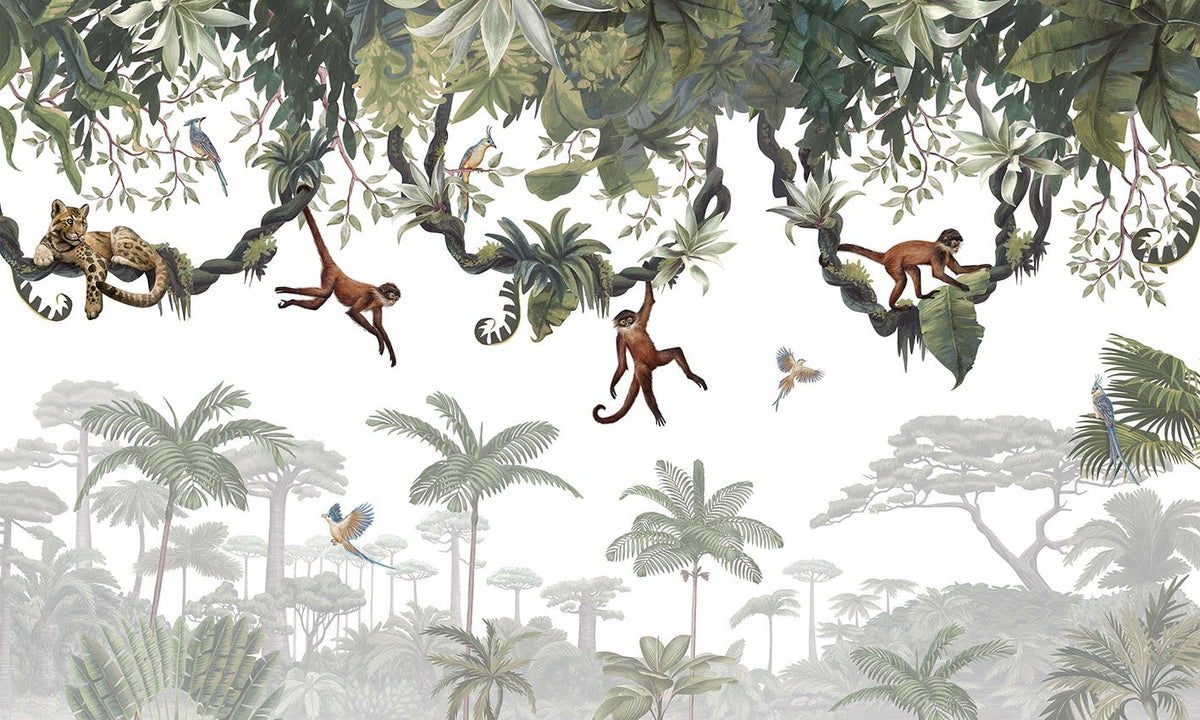 Cheeky Hanging monkeys wallpaper murals in your room — zoomed