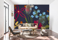 Artistic floral wallpaper design enhancing a contemporary apartment living space.