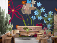 Modern botanical wallpaper style with cheerful summer flowers for a cozy Living room 