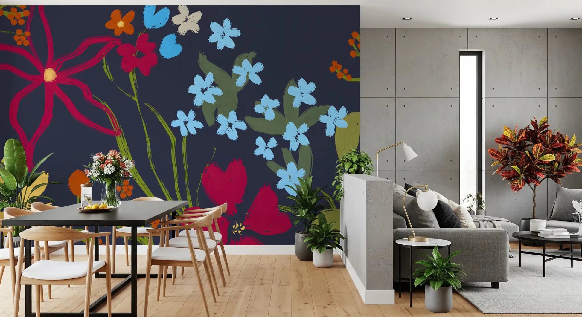 Cheerful floral garden wallpaper mural installed on a large apartment Dining room wall.