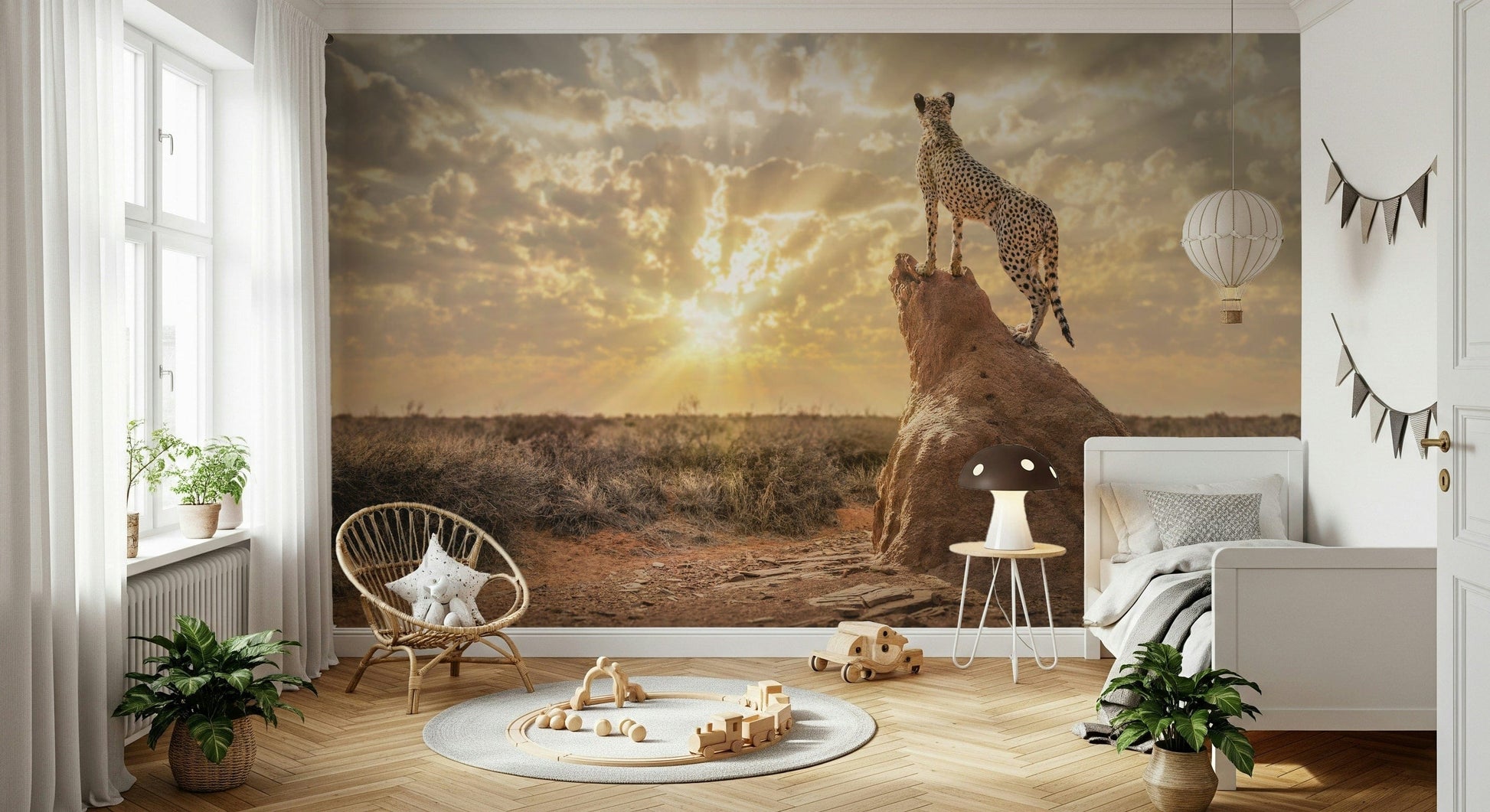 Cheetah pattern wall mural in home office, clean modern backdrop with natural colors