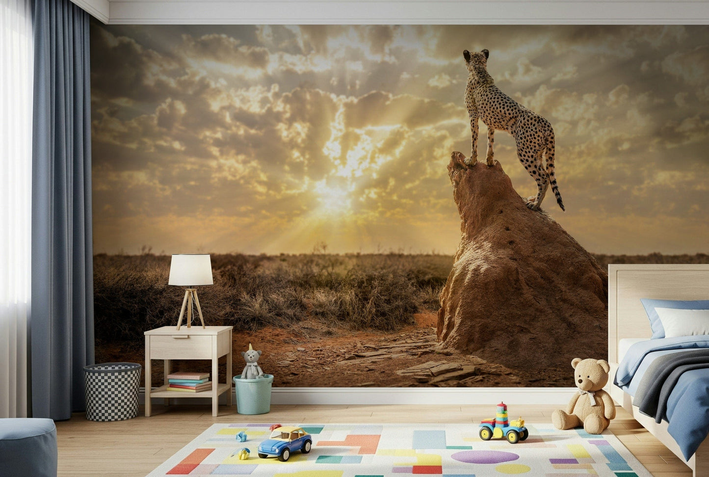 Cheetah-themed wall mural in hallway, modern wall decor with neutral safari pattern