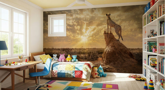 Cheetah print wall mural in modern living room, tan and black spots for bold wall decor