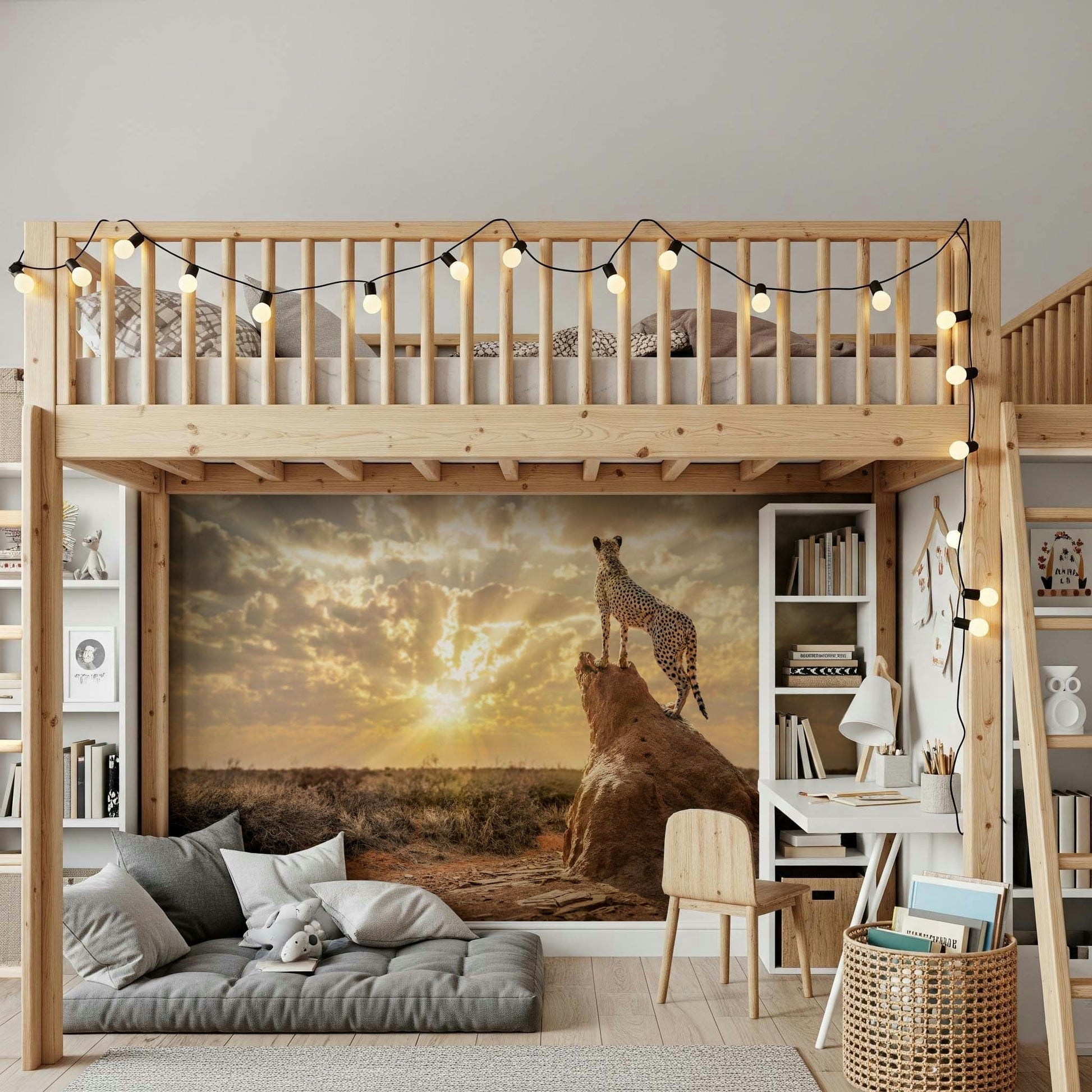 Modern animal print mural for studio apartment, tan and black tones with clean layout