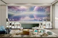 A minimalist interior with the cherry blossom-themed wallpaper.