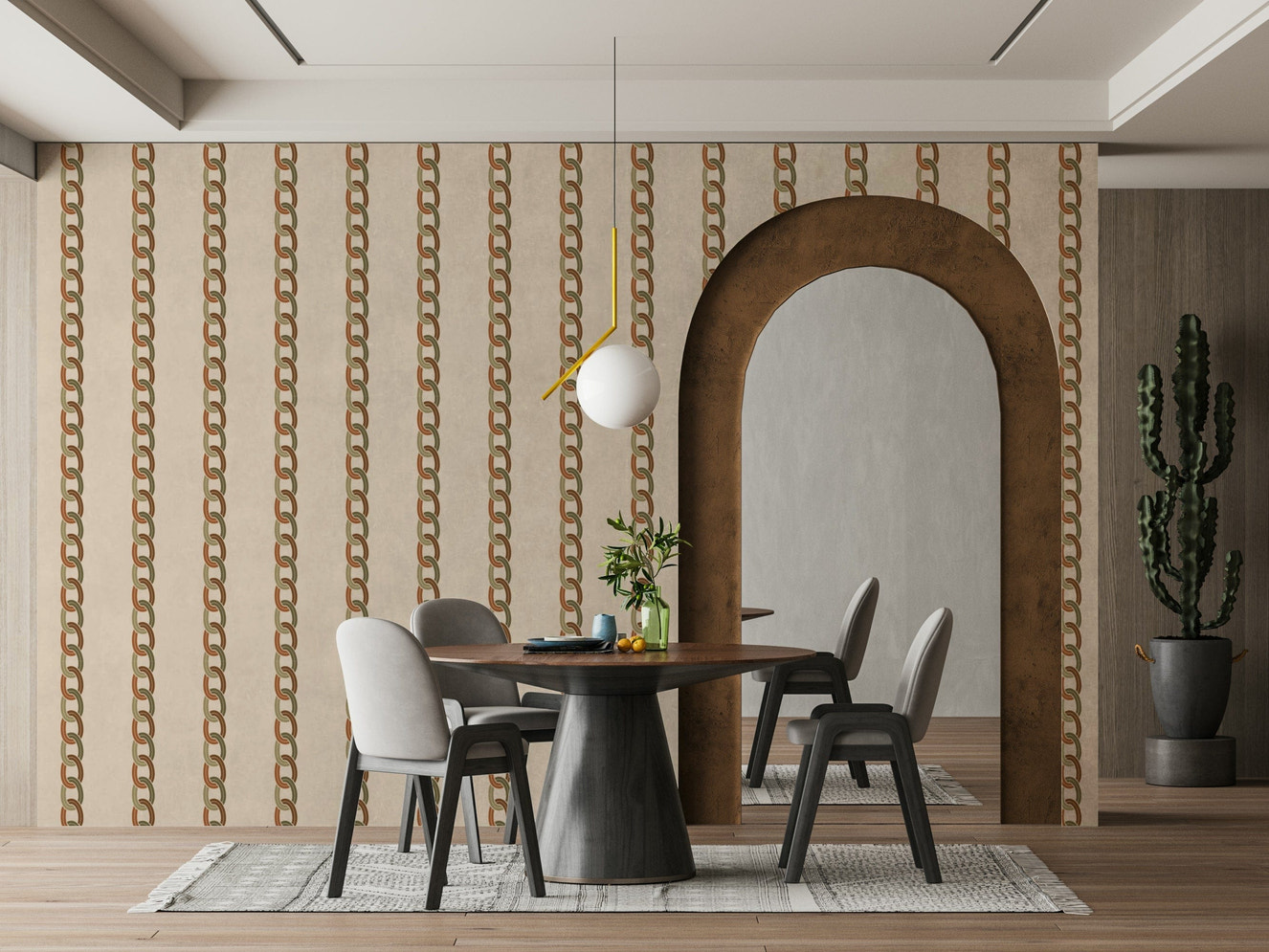 A peaceful wall mural with a modern, geometric design.

