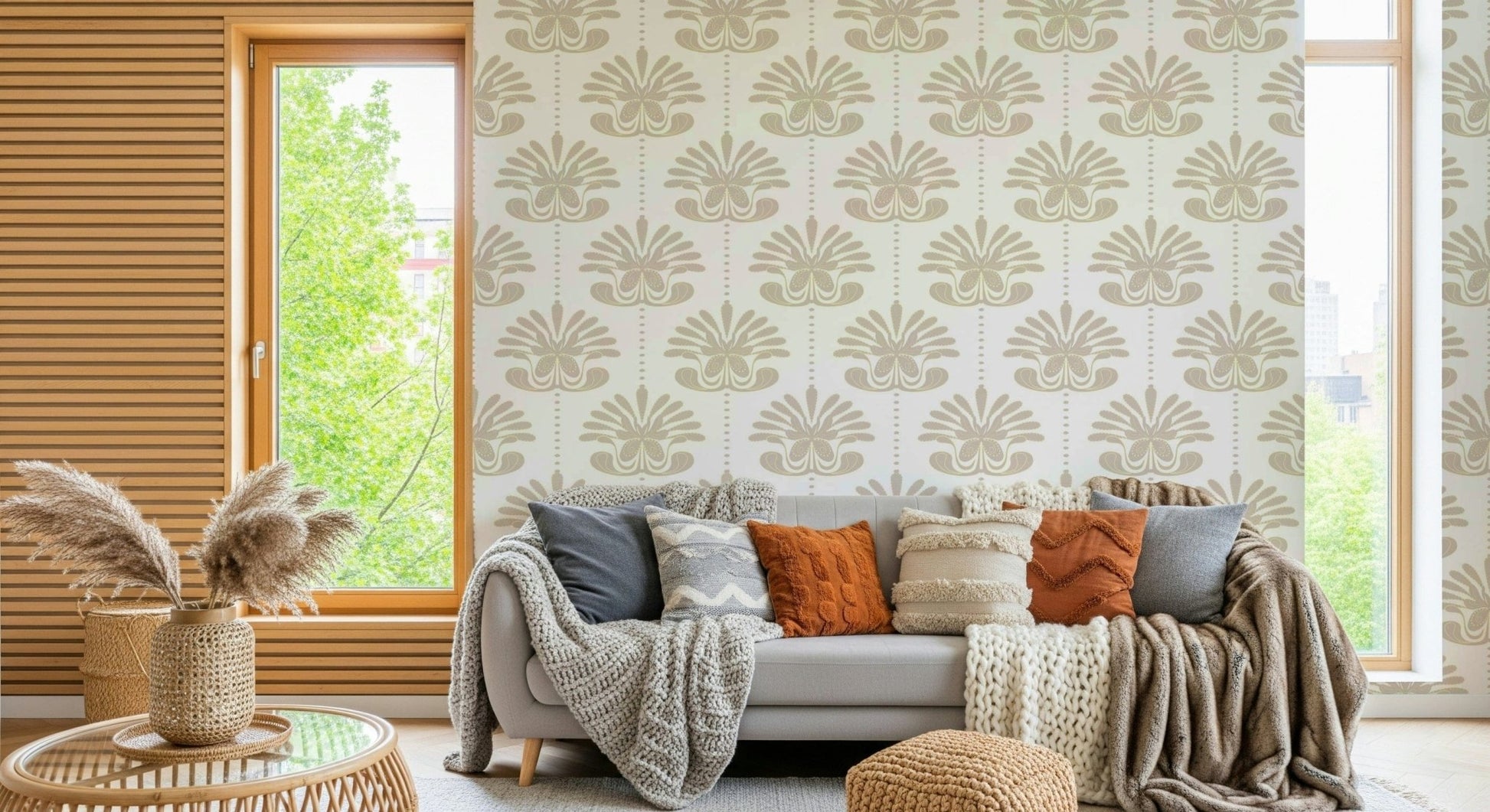 Symmetrical Floral Wall Mural – Sophisticated design with mirrored flowers creating a harmonious and chic look.