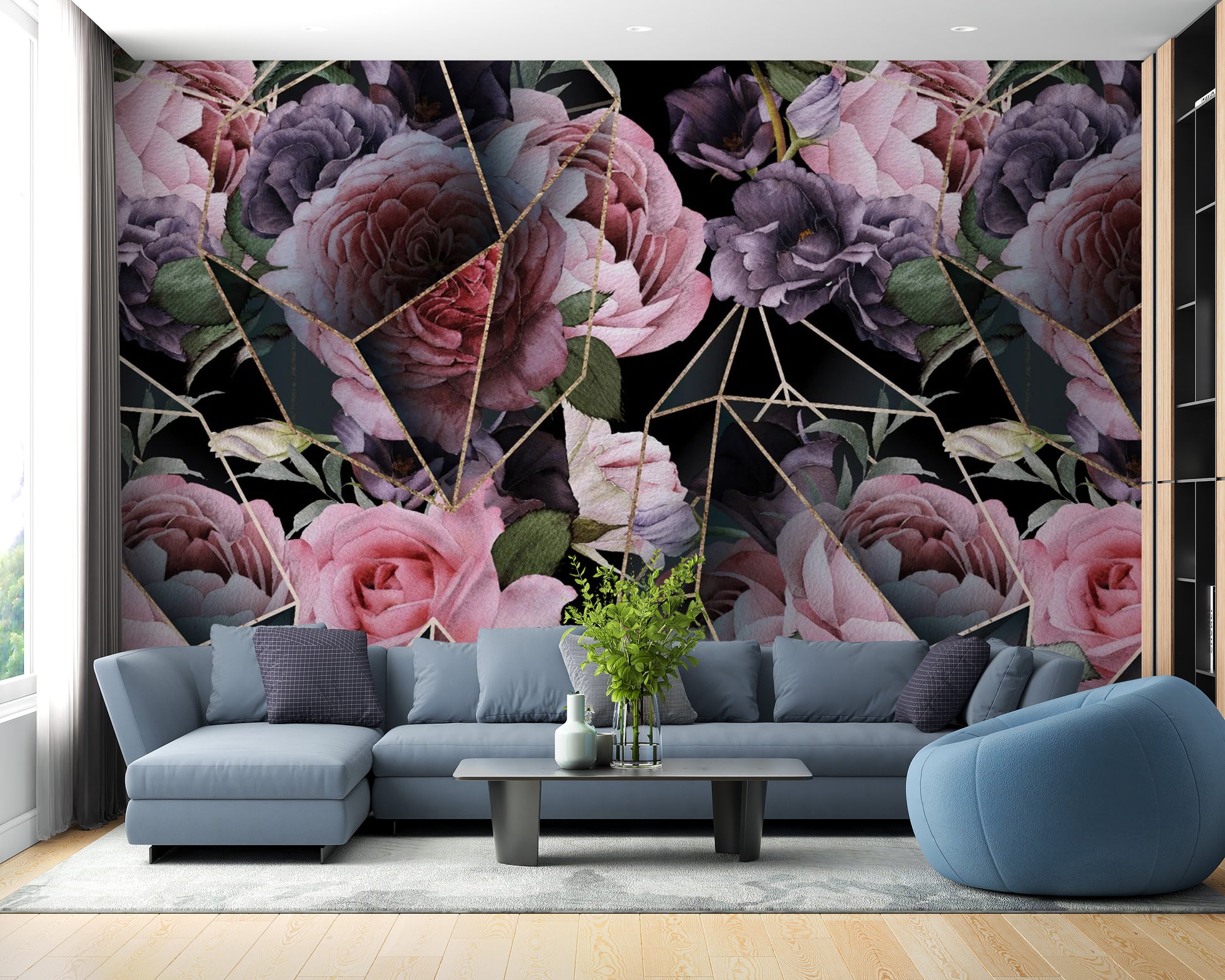 Pink Flowers in Polygons Wallpaper Mural - Giffywalls