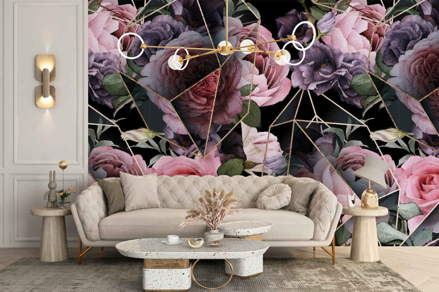 Pink Flowers in Polygons Wallpaper Mural - Giffywalls