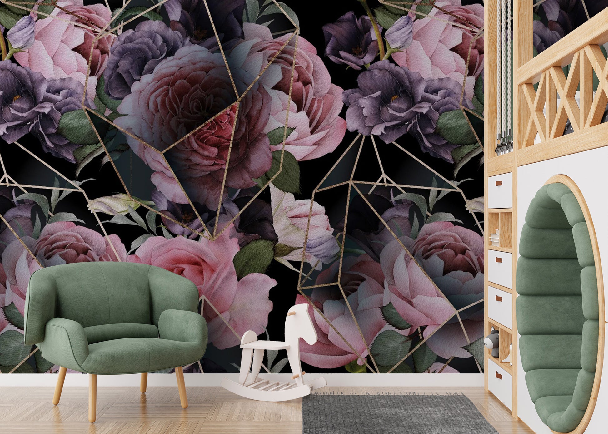 Removable Pink Flowers in Polygons Wallpaper