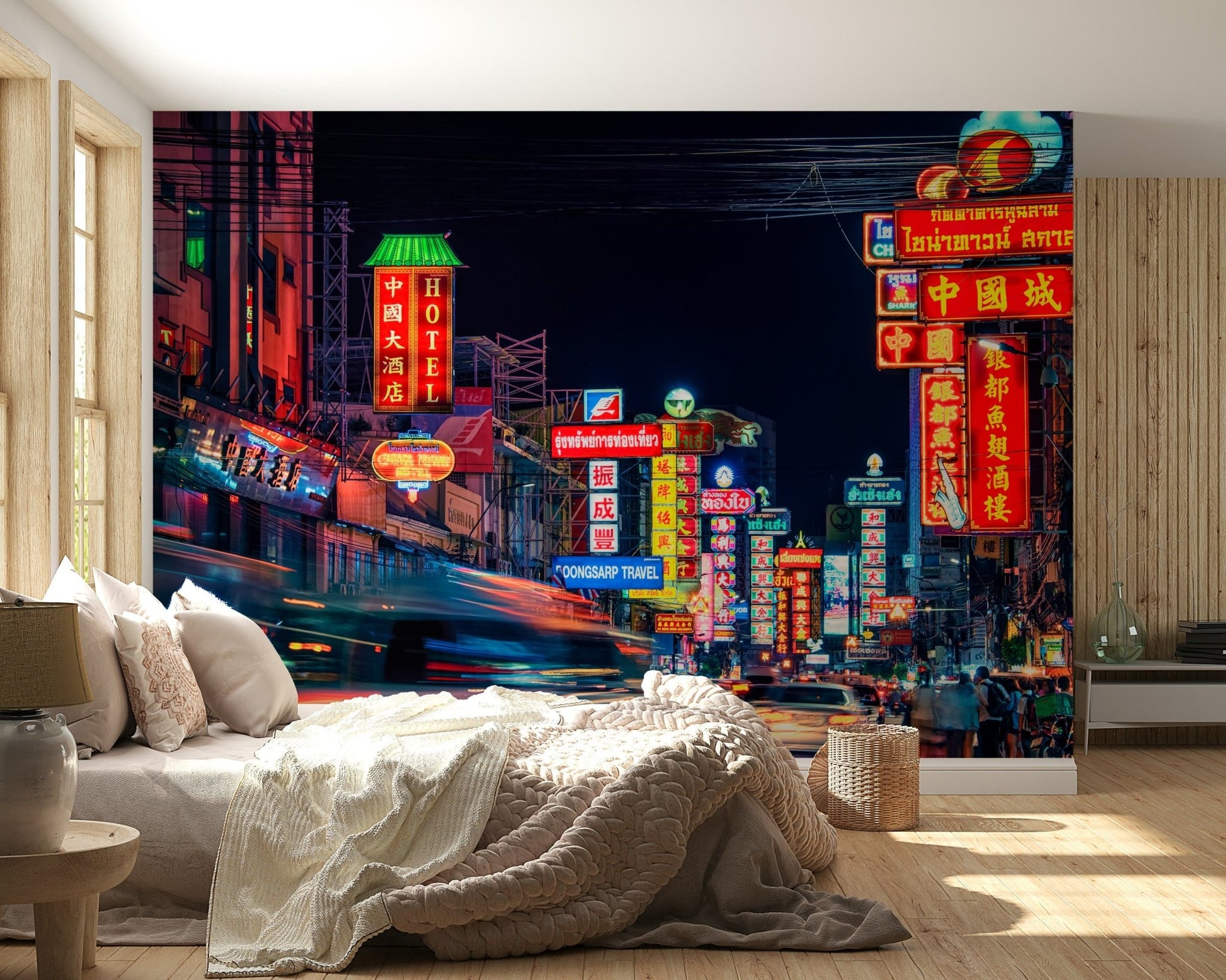 Dark sky contrast Chinatown Dreams peel and stick wallpaper.