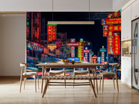 Chinatown Dreams peel and stick wallpaper colorful neon lights.