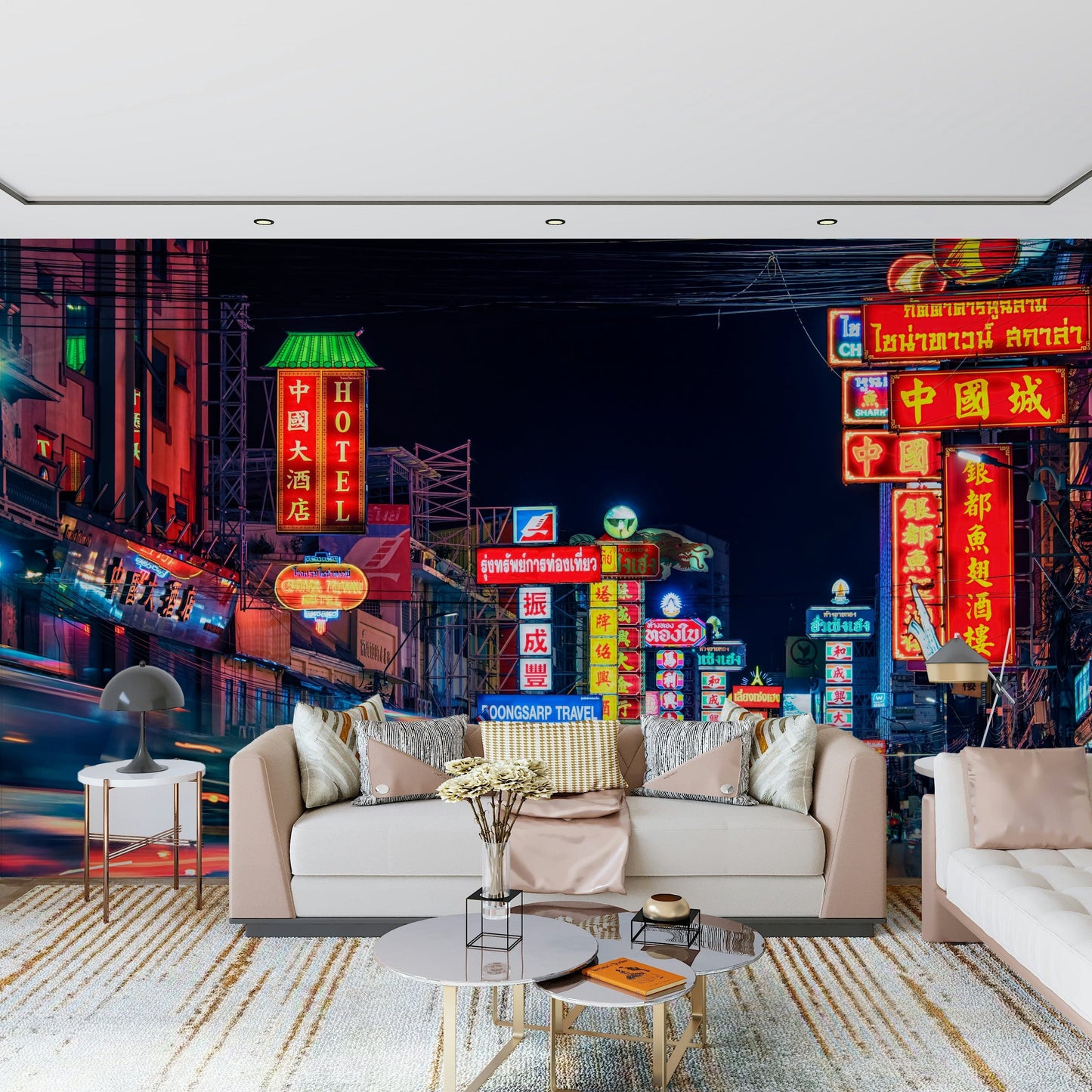 Midnight traffic streaks Chinatown Dreams wallpaper for walls.