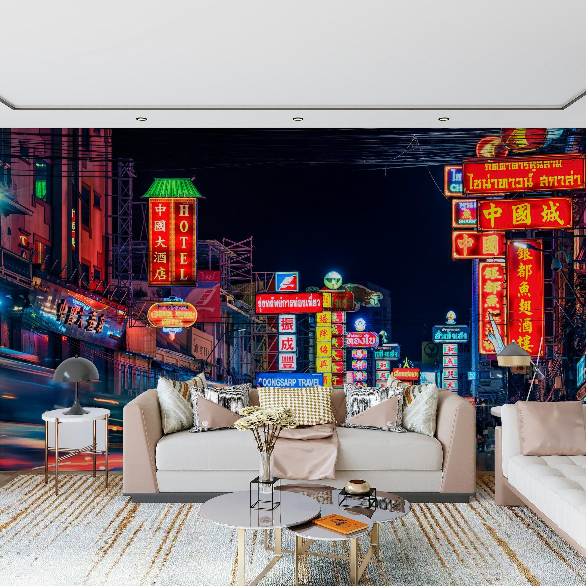 Midnight traffic streaks Chinatown Dreams wallpaper for walls.