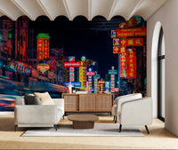Glowing kanji signs Chinatown Dreams wallpaper for walls.