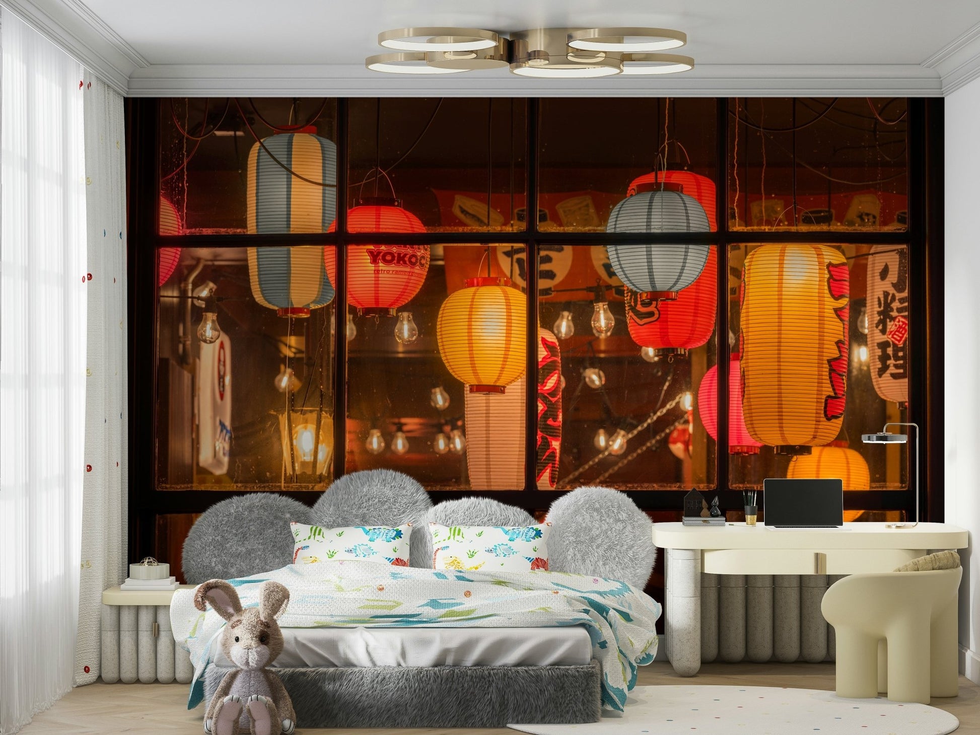 Interior wall mural with glowing lights

