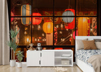Wall mural with hanging paper lanterns

