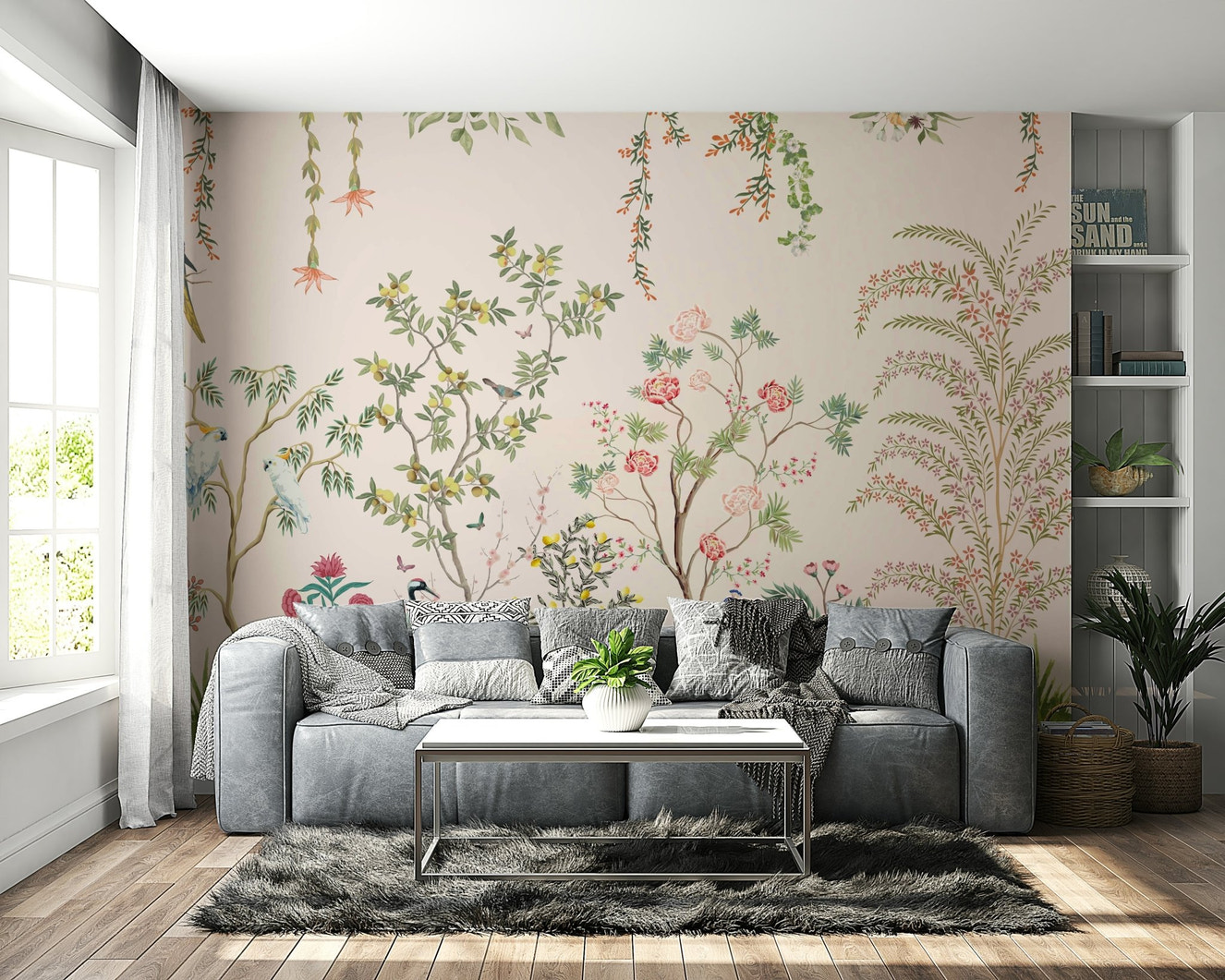 A wall mural of a peaceful Chinoiserie floral and bird pattern.

