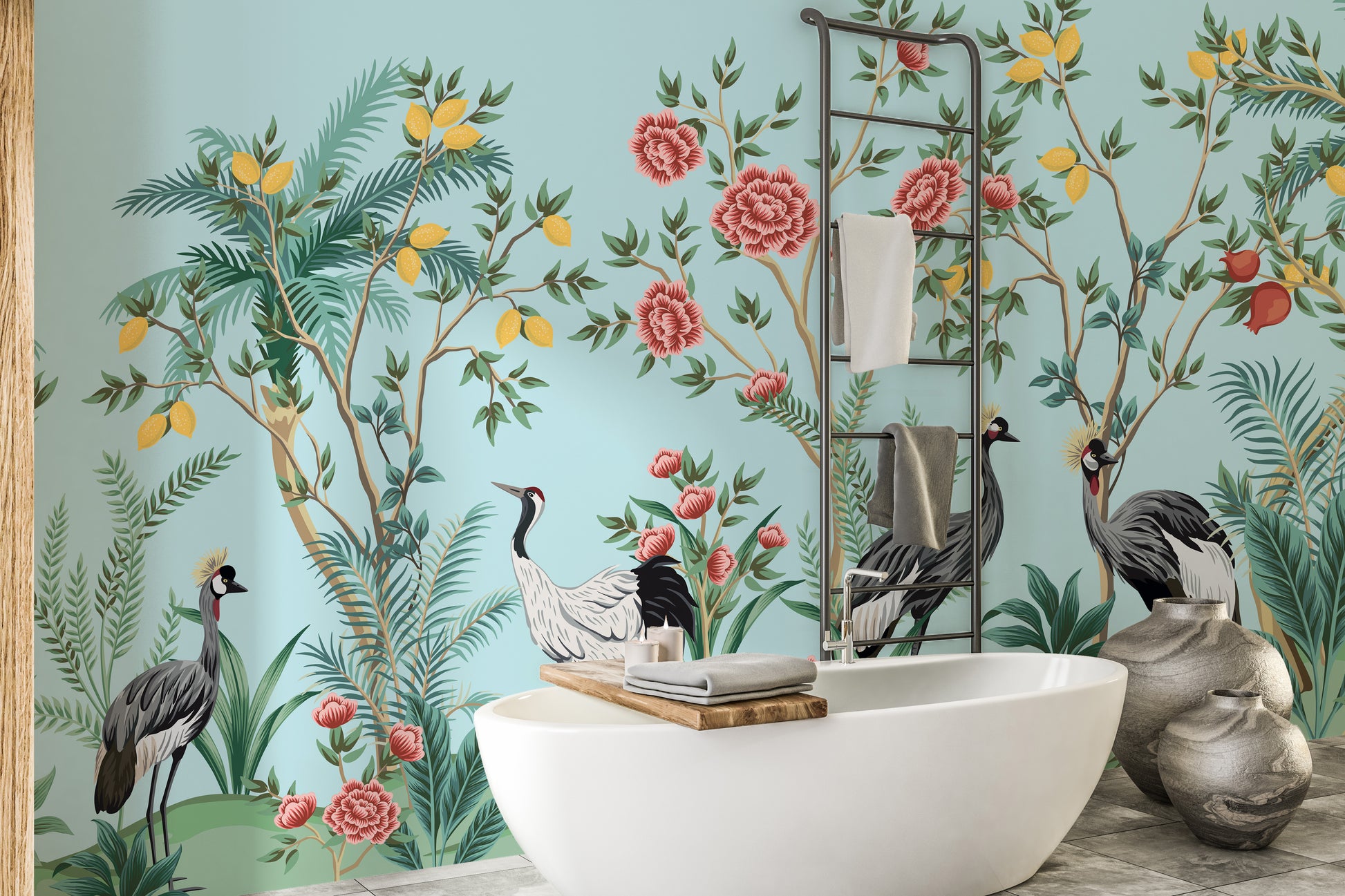 Ornamental floral and bird-themed wallpaper
