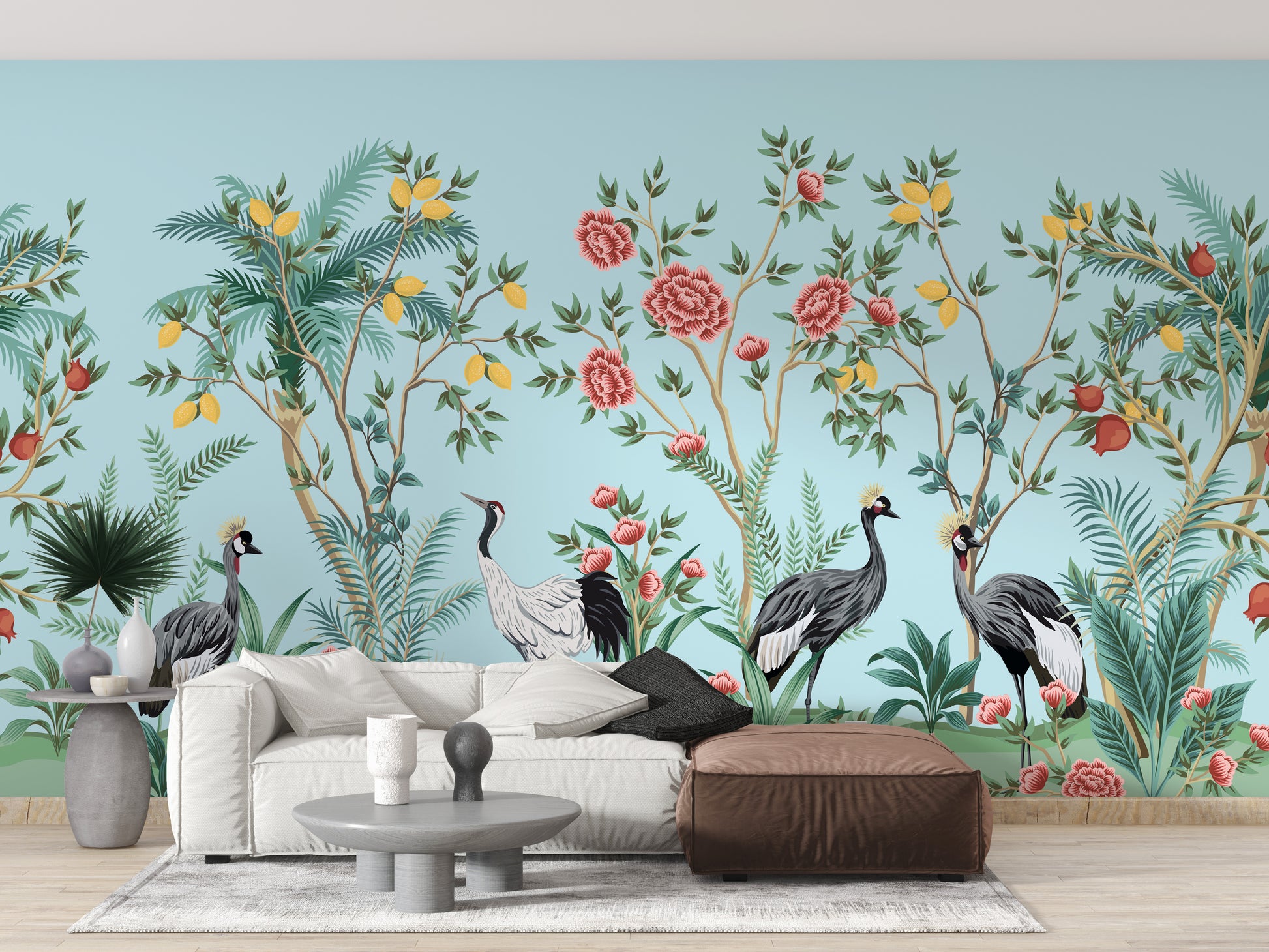 Lush crane and floral print wallpaper
