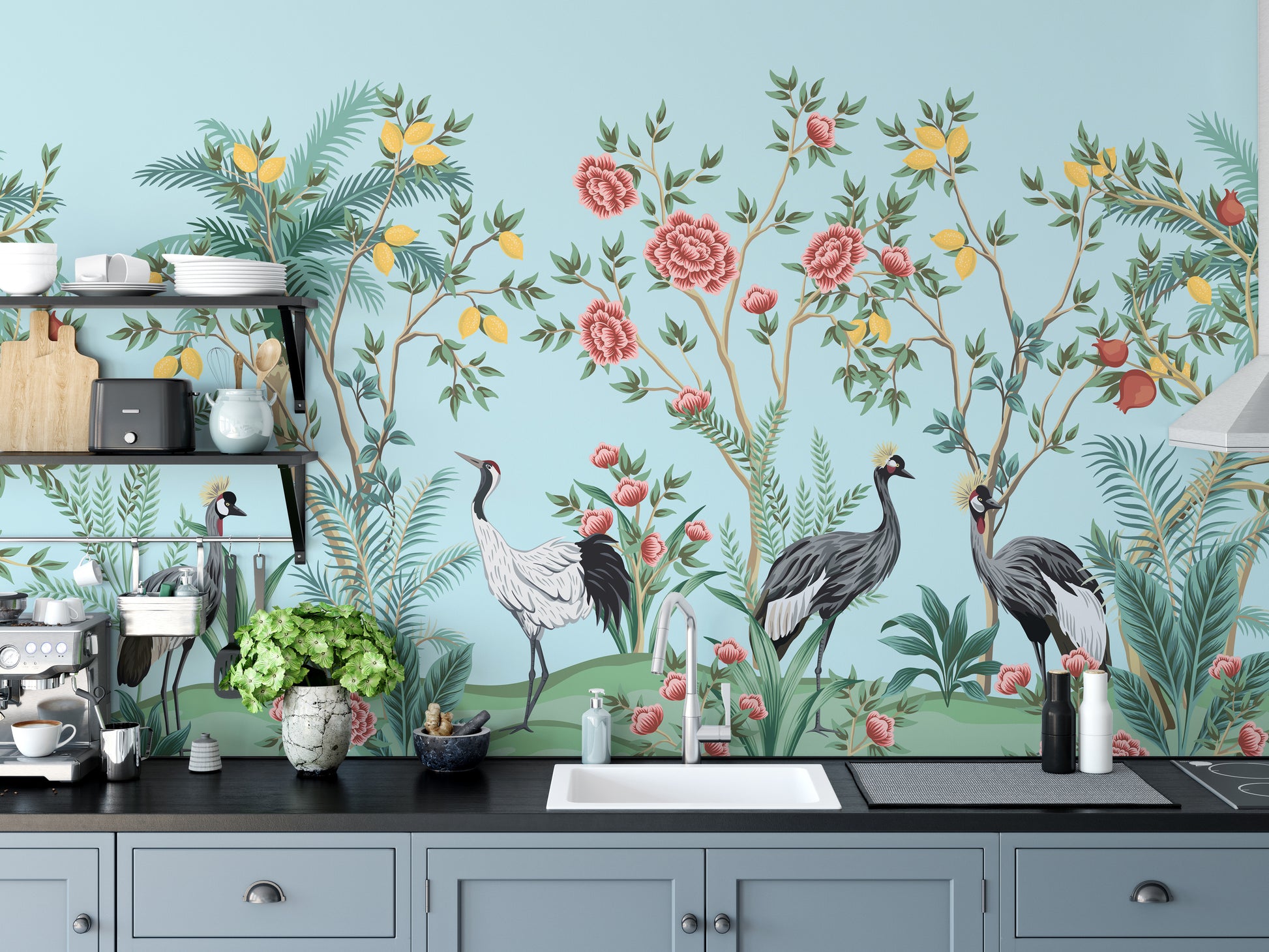 Elegant floral and bird pattern wallpaper
