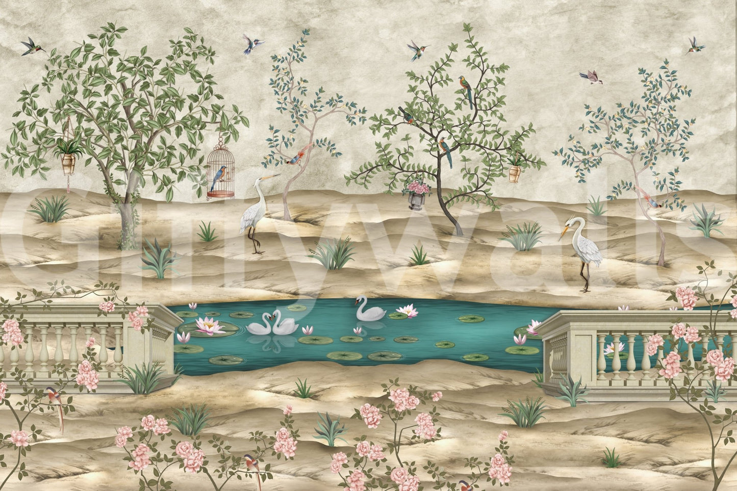 Chinoiserie Garden & Swan Pond Wall Mural