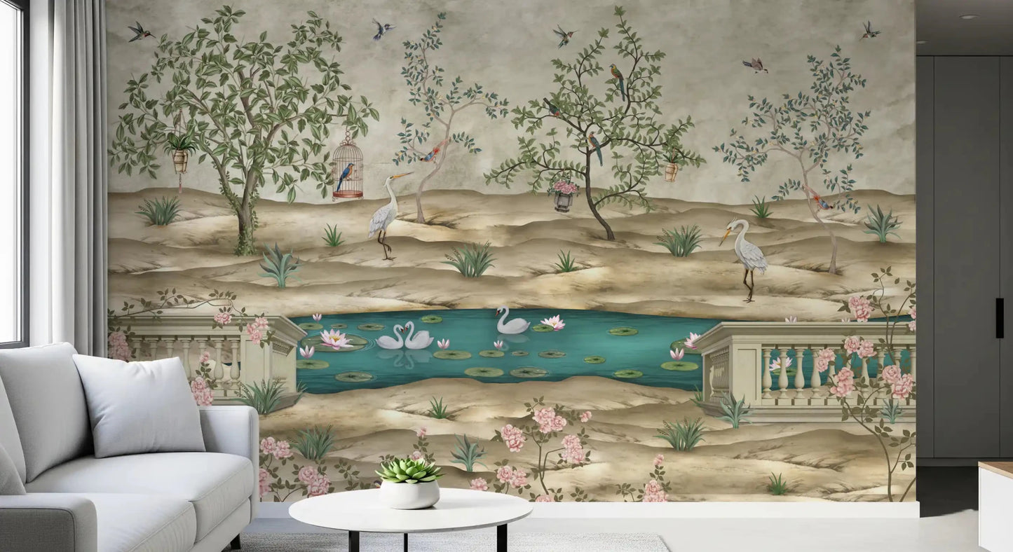 Chinoiserie Garden & Swan Pond Wall Mural