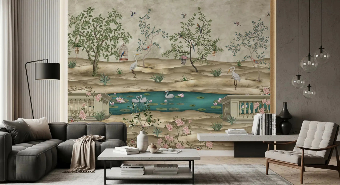 Chinoiserie Garden & Swan Pond Wall Mural