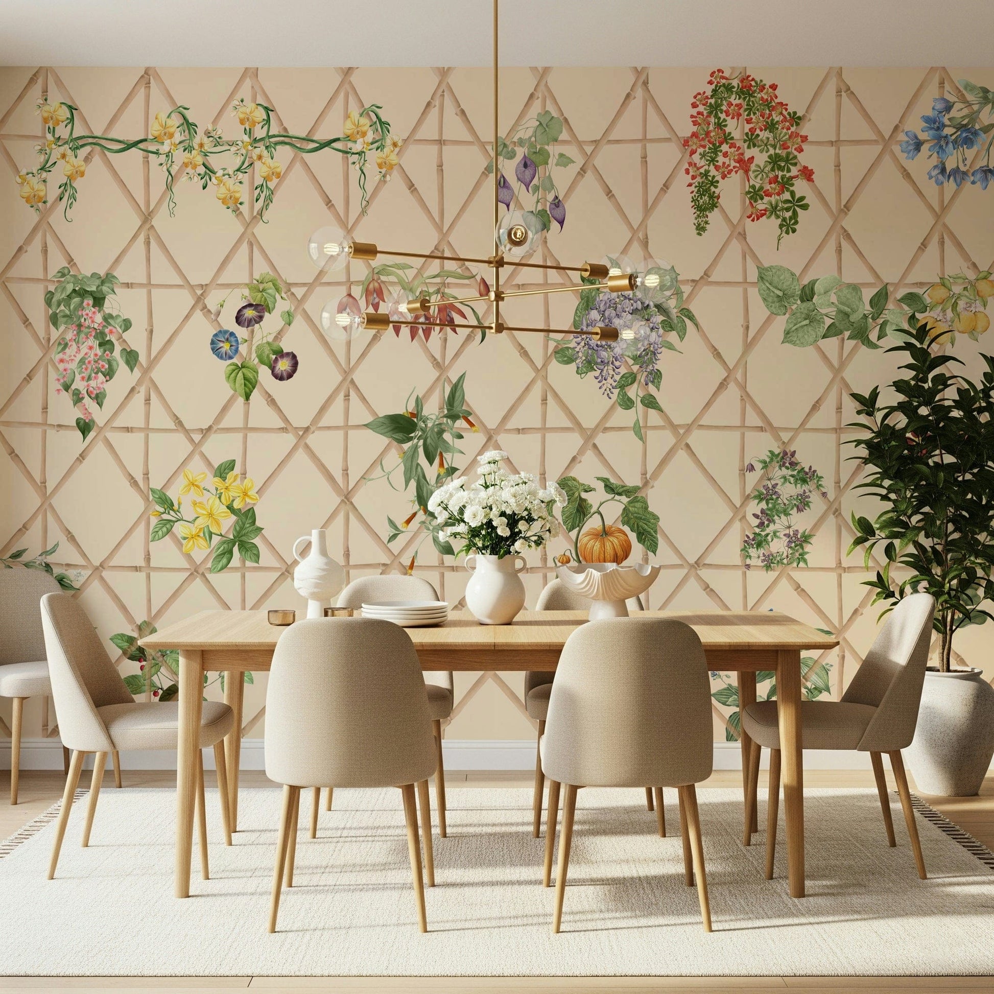 Floral bird chinoiserie mural in bedroom, calm color palette