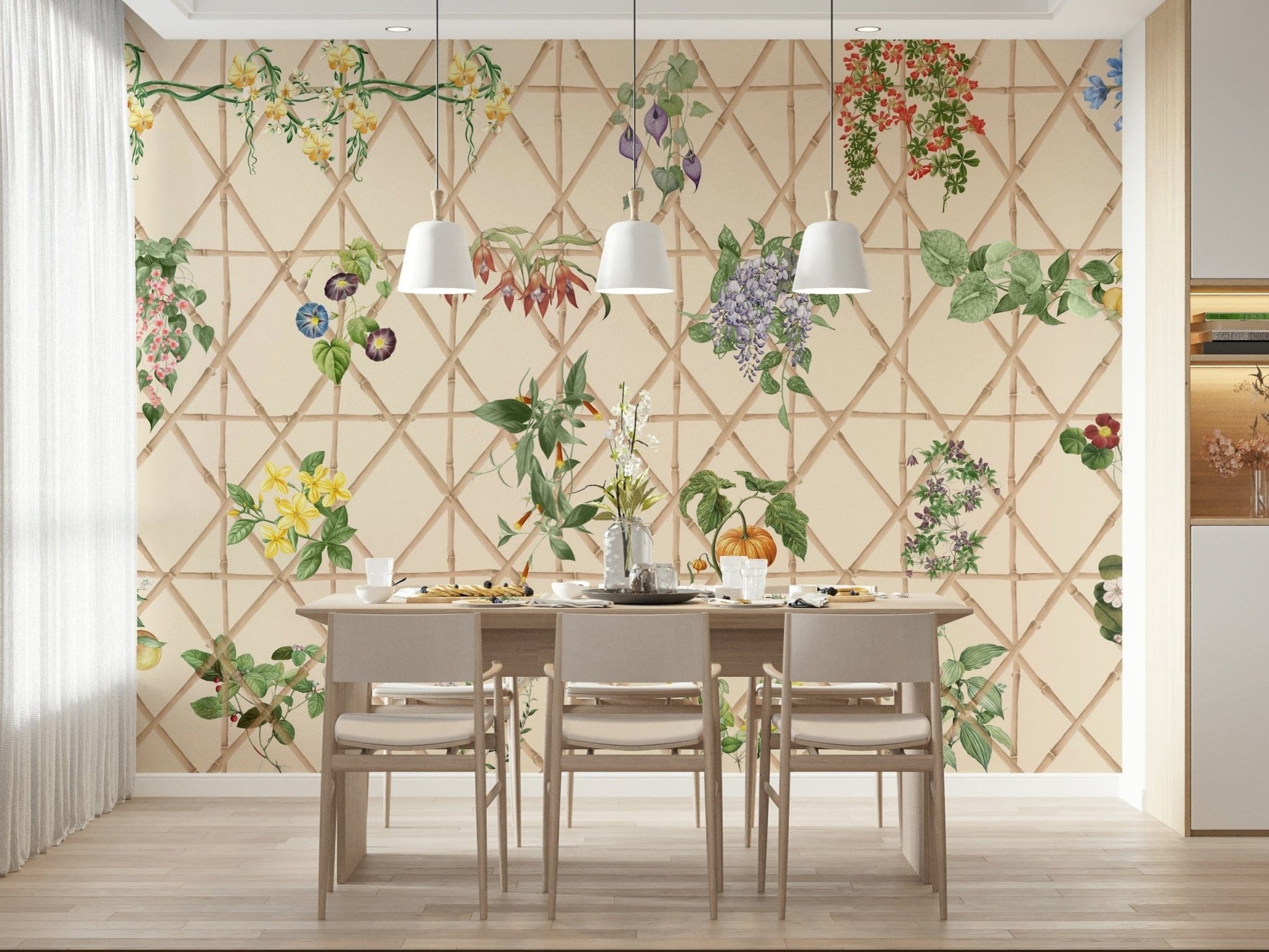Chinoiserie garden mural in home office, clean wall backdrop