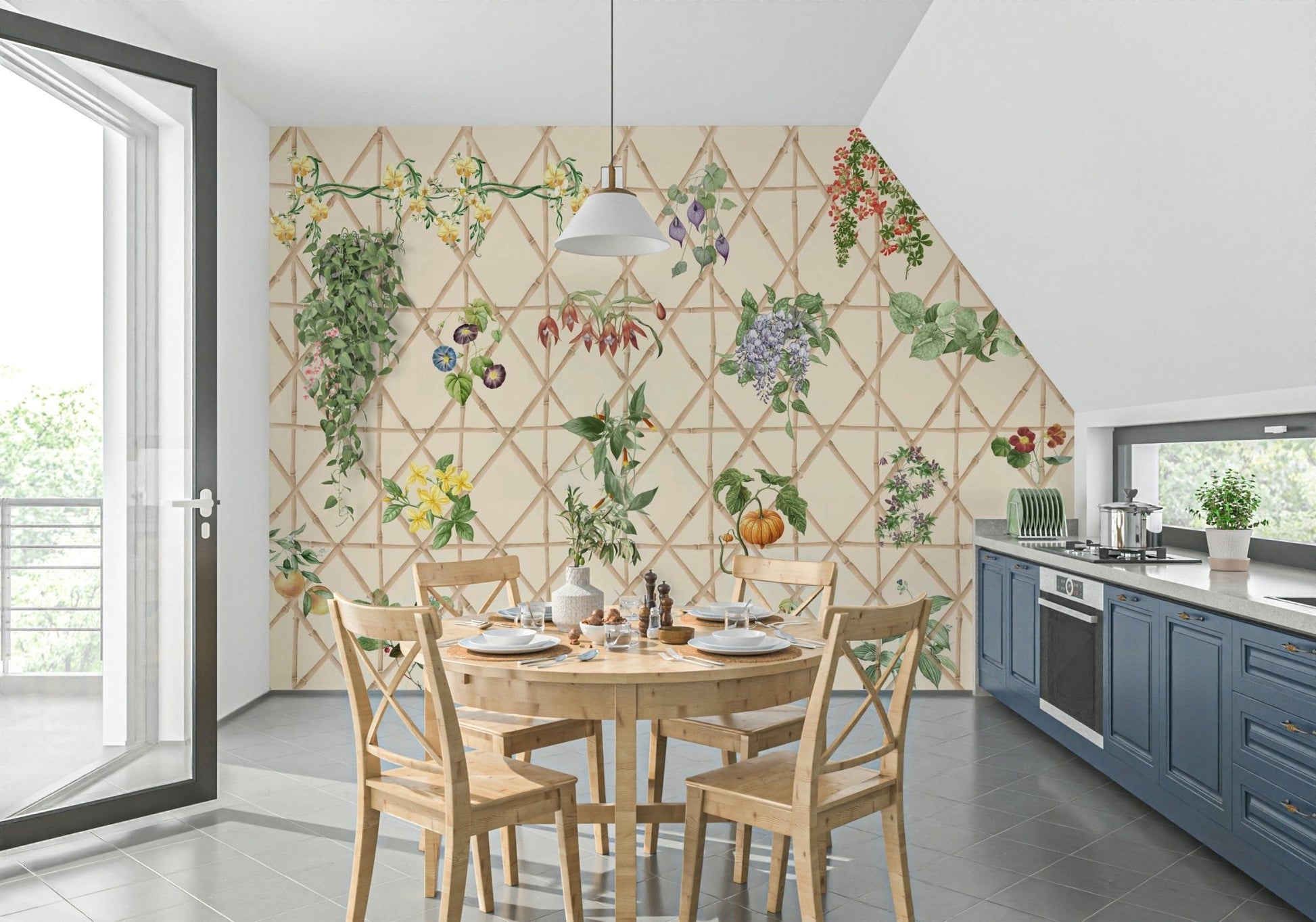 Chinoiserie mural in hallway, light color pattern and detail