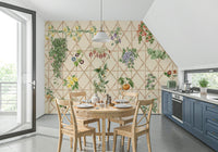 Chinoiserie mural in hallway, light color pattern and detail