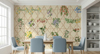 Chinoiserie garden mural in living room, soft color tones