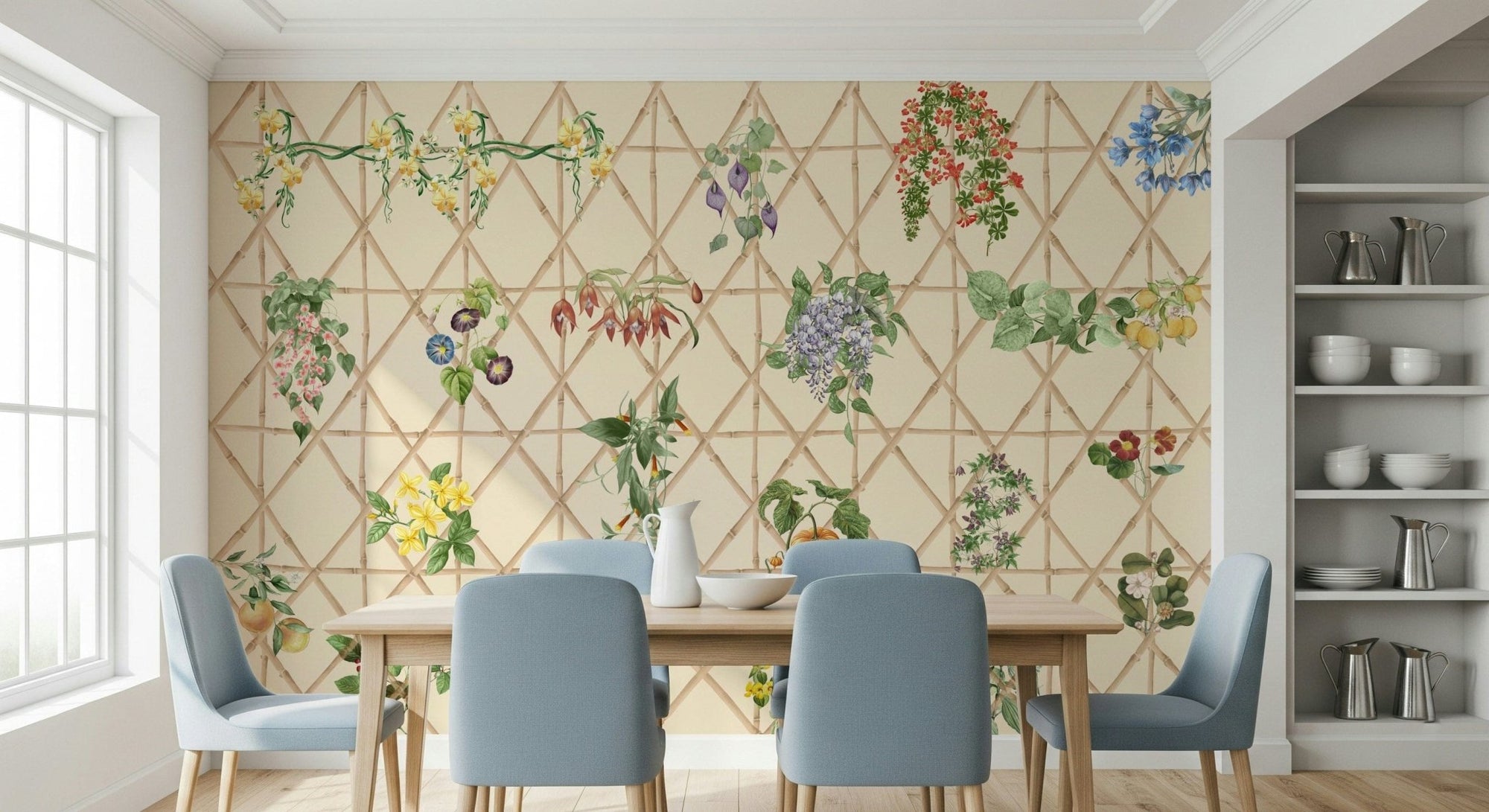 Chinoiserie garden mural in living room, soft color tones