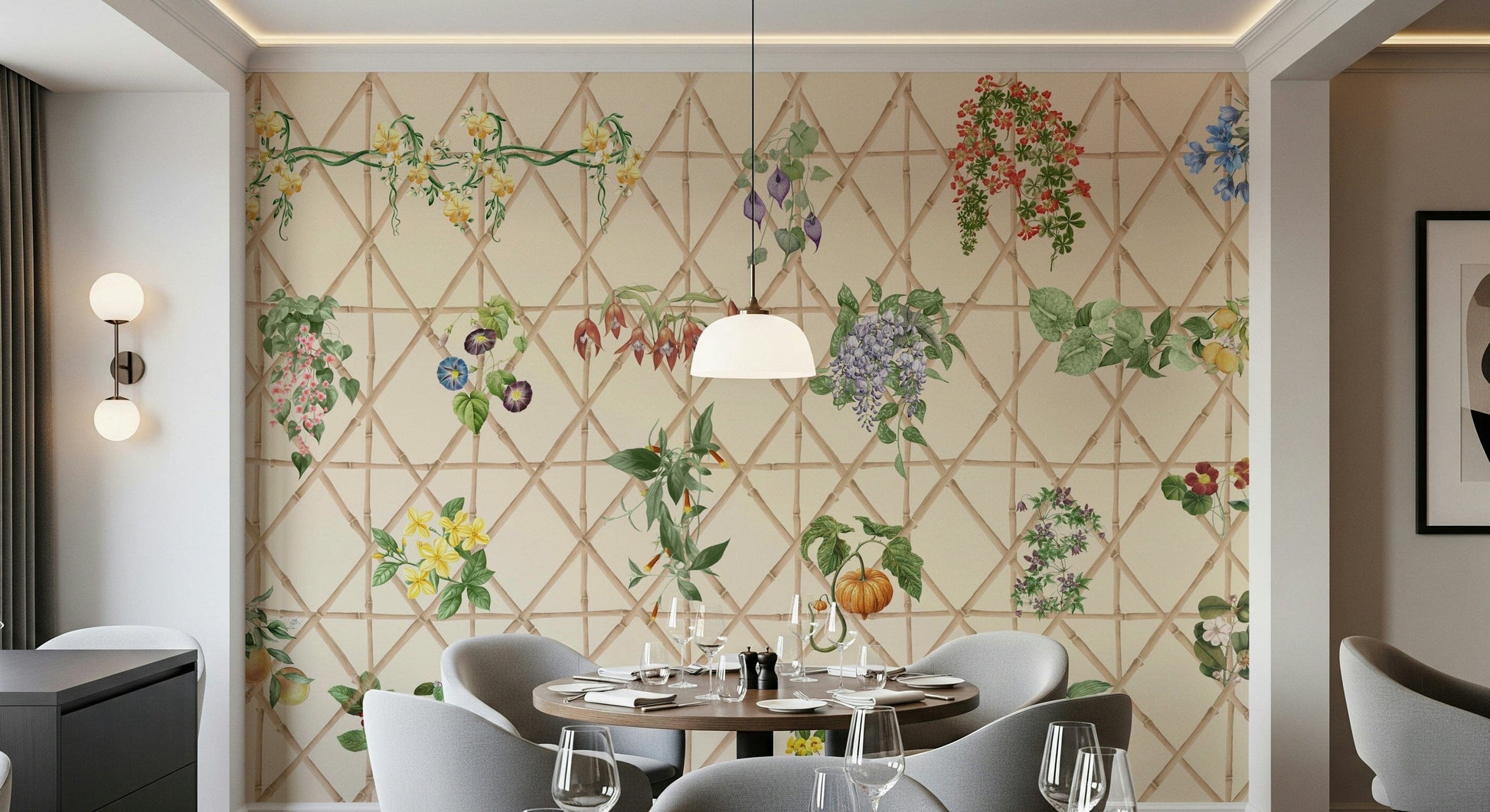 Reading nook with chinoiserie garden mural, calm color tones